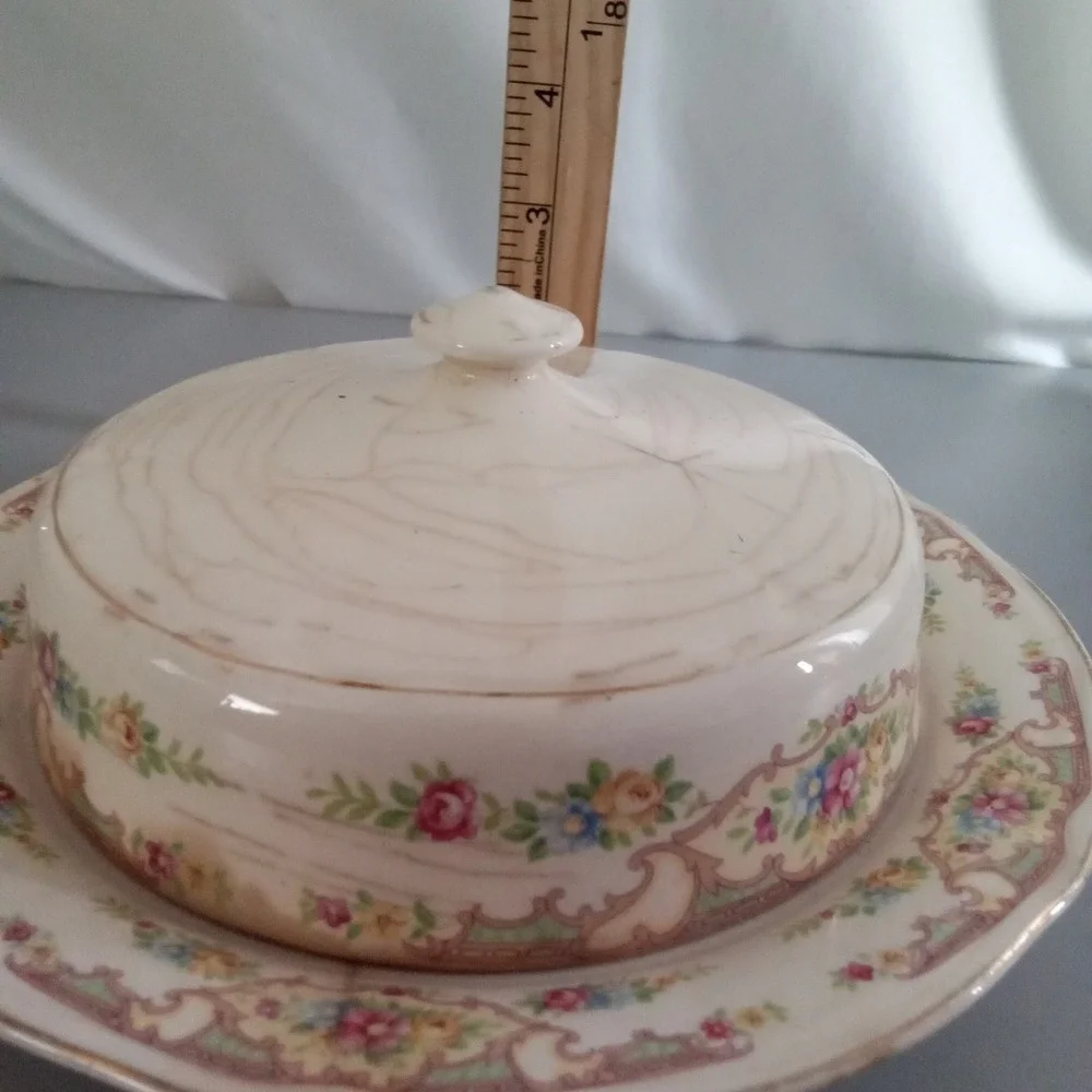 Antique Floral Ceramic Cheese Butter Dish Dome Lid Scalloped Gold Trim Shabby